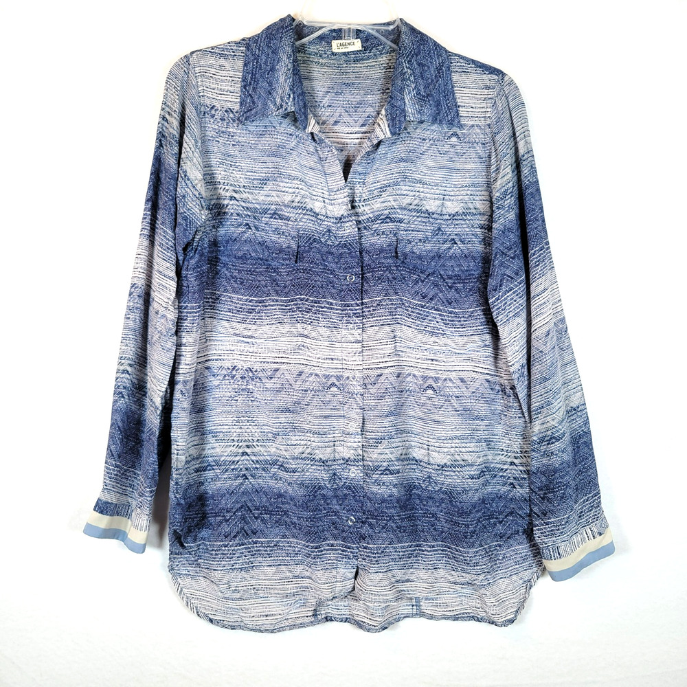 L'Agence Womens Silk Striped Snap Blouse Size 4 Blue Career Western Lightweight